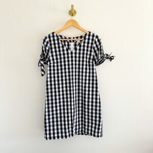 J. Crew Tie-Sleeve Gingham Print V-Neck Casual Mini Dress Black/White XS